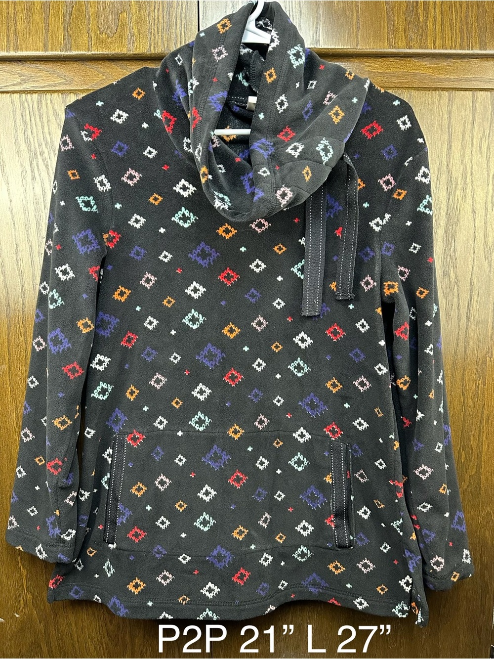 Jasmine & Ginger Black Cowl Neck Teddy Jacket with Multicolor Diamond Pattern